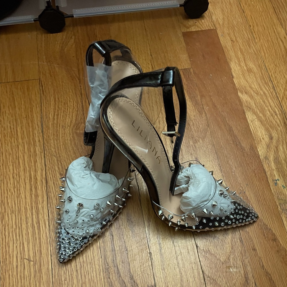 Black/Clear Silver Spiked Heels